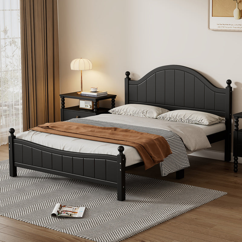 Traditional Concise Style Black Solid Wood Platform Bed, No Need Box Spring, Queen