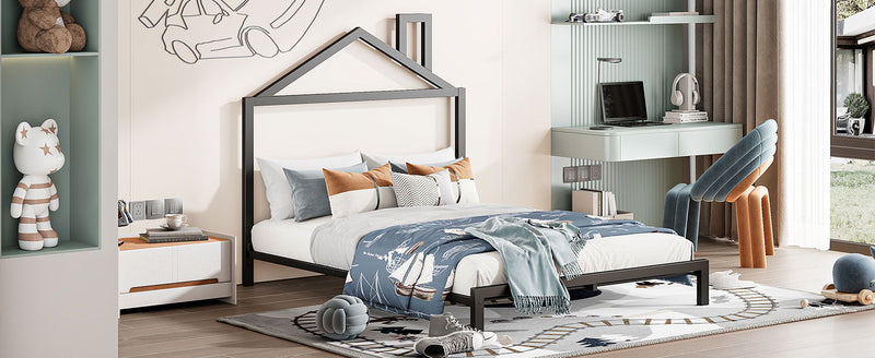 Full Size Metal Platform Bed With House-Shaped Headboard Design