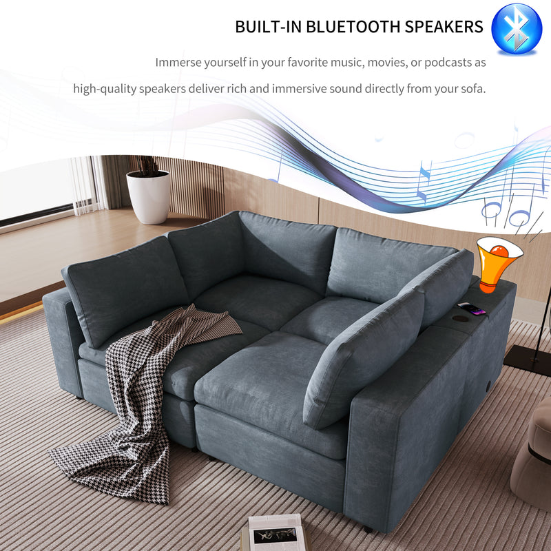 U-style Upholstered Modular Sofa with USB Charge Ports,Wireless Charging and Built-in Bluetooth Speaker in Arm,Sectional sofa for Living Room Apartment(4-Seater)