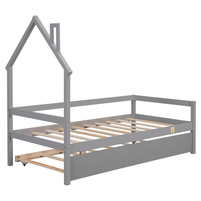 Twin House Wooden Daybed with trundle, Twin House-Shaped Headboard  bed with Guardrails,Grey