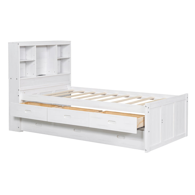 Twin Size Platform Bed with Storage Headboard, Charging Station, Twin Size Trundle and 3 Drawers, Antique White