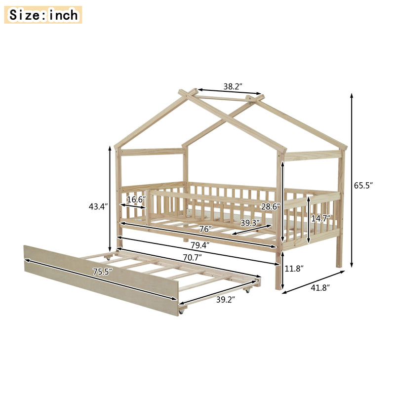 Twin Size Wooden House Bed with Twin Size Trundle, Natural