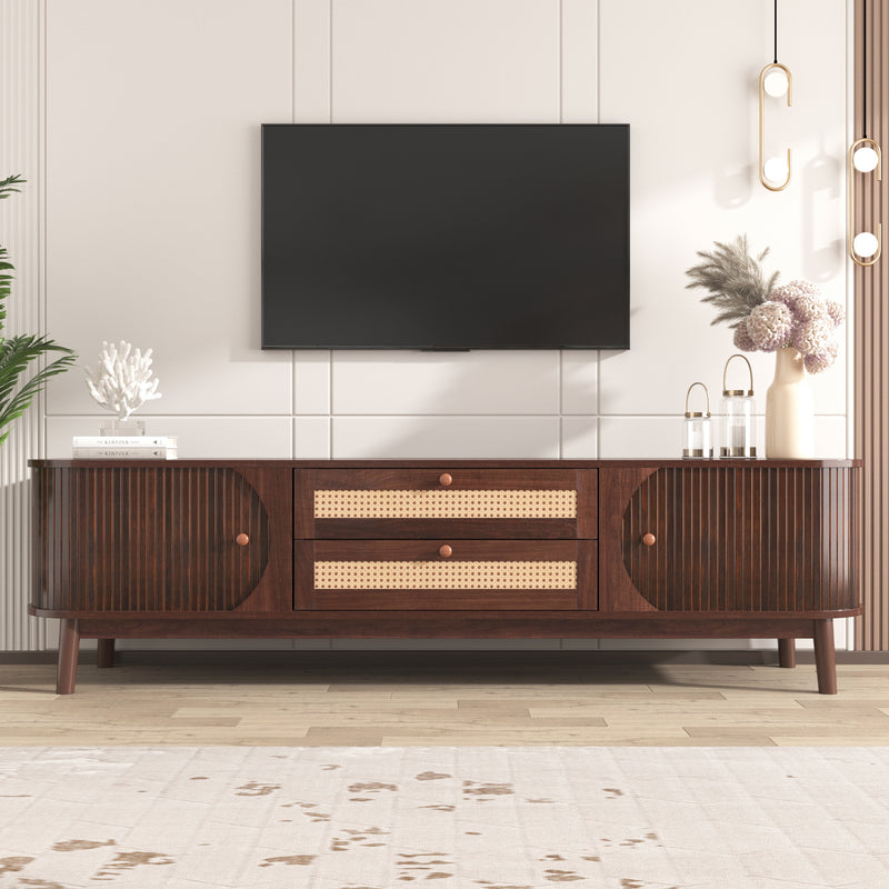 Rattan TV Stand for TVs up to 75'', Modern Farmhouse Media Console, Entertainment Center with Solid Wood Legs, TV Cabinet for Living Room,Home Theatre