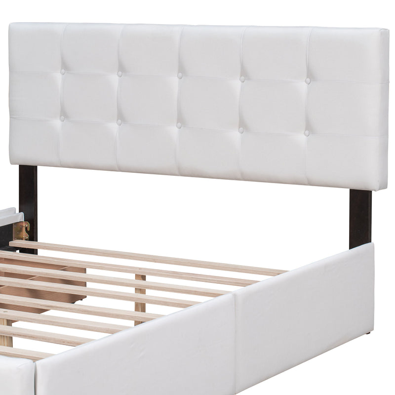 Queen Size Upholstered Platform Bed With Classic Headboard And 4 Drawers, No Box Spring Needed - White