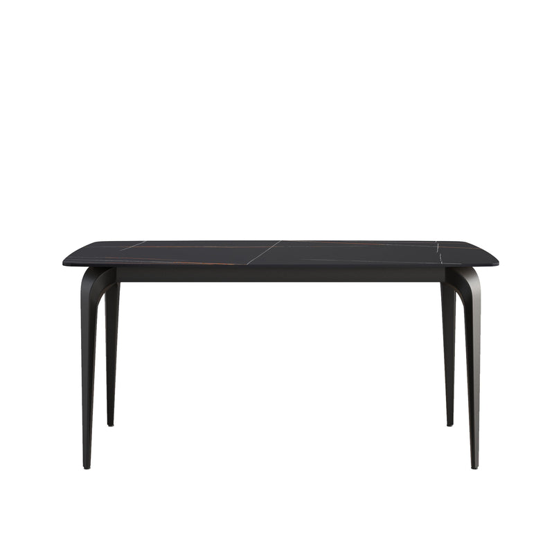 63" Artificial Stone Black Curved Black Metal Leg Dining Table, 6 People - Black