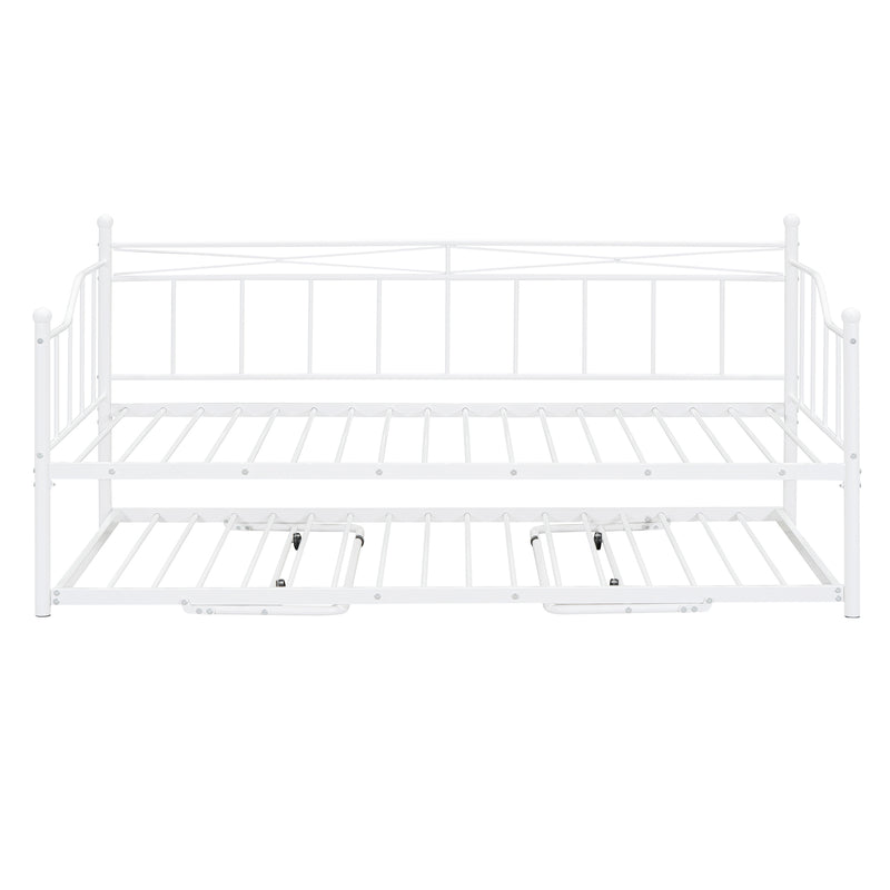 Twin Size Metal Daybed with Twin Size Adjustable Trundle, Portable Folding Trundle, White