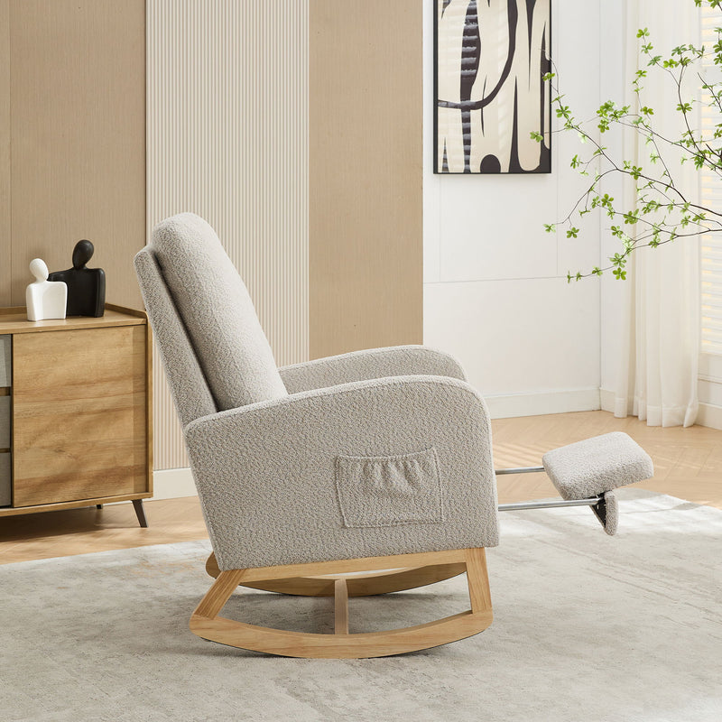 Rocking Chair For Nursery, High Back Glider Chair With Retractable Footrest, Side Pocket, Rocking Accent Armchair With Rubber Wood Legs For Living Room / Bedroom