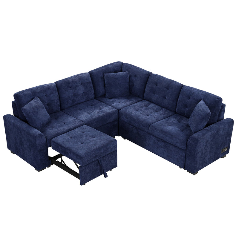 L-Shape Sofa Bed Pull-Out Sleeper Sofa With Wheels, USB Ports, Power Sockets For Living Room