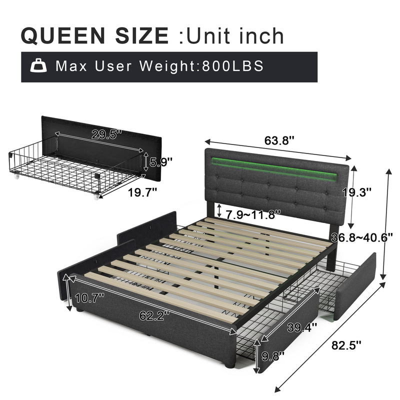 Bed Frame Queen Size, Upholstered Platform Bed Frame with 4 Storage Drawers and LED Lights & Adjustable Headboard,No Box Spring Needed,Grey