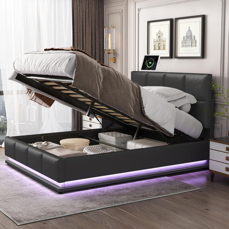 Tufted Upholstered Platform Bed with Hydraulic Storage System,Queen Size PU Storage Bed with LED Lights and USB charger, Black