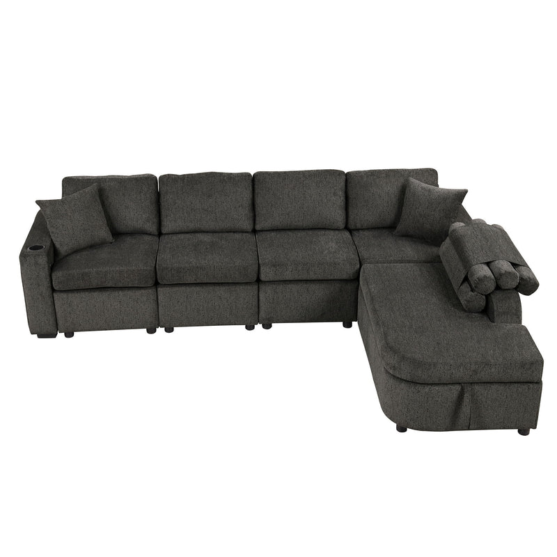 L-Shaped Couch Sectional Sofa With Storage Chaise, Cup Holder And USB Ports For Living Room