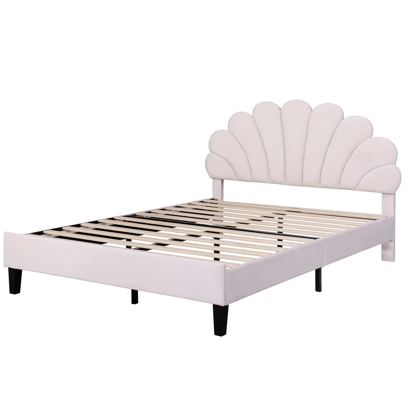 Full Size Upholstered Platform Bed With Flower Pattern Velvet Headboard - Beige