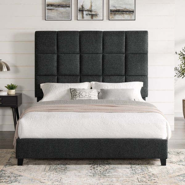 Queen Size Gray Squares Upholstered Platform Bed