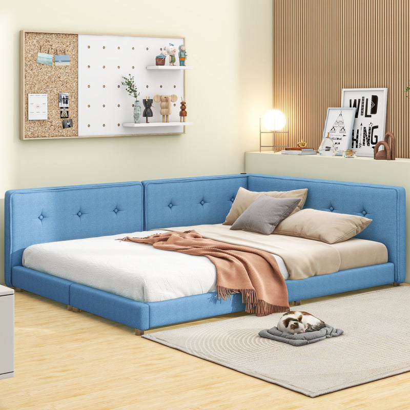 Upholstered Full Size platform bed with USB Ports, Blue