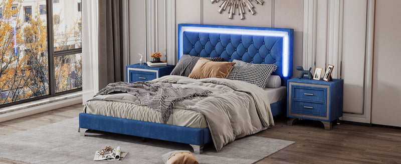 3 Piece Bedroom Sets, Queen Size Upholstered Platform Bed With LED Lights And Two Nightstands - Blue