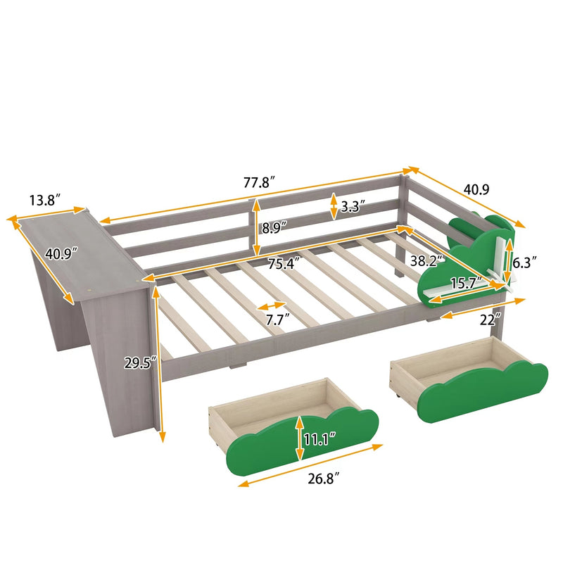 Twin Size Daybed with Desk, Green Leaf Shape Drawers and Shelves, Gray