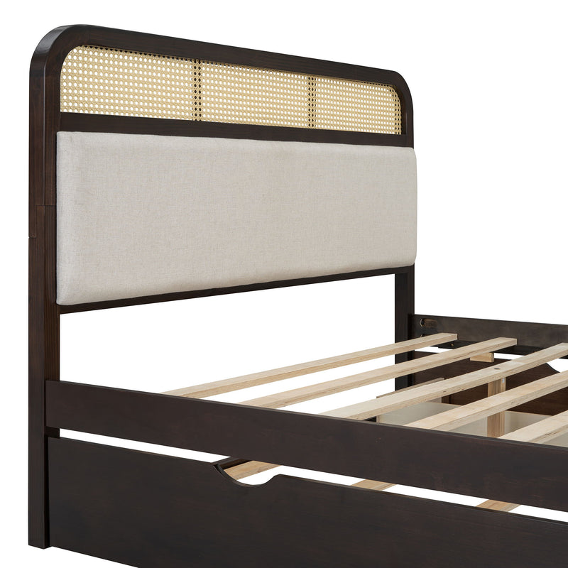 Wooden Platform Bed With Trundle And 2 Drawers