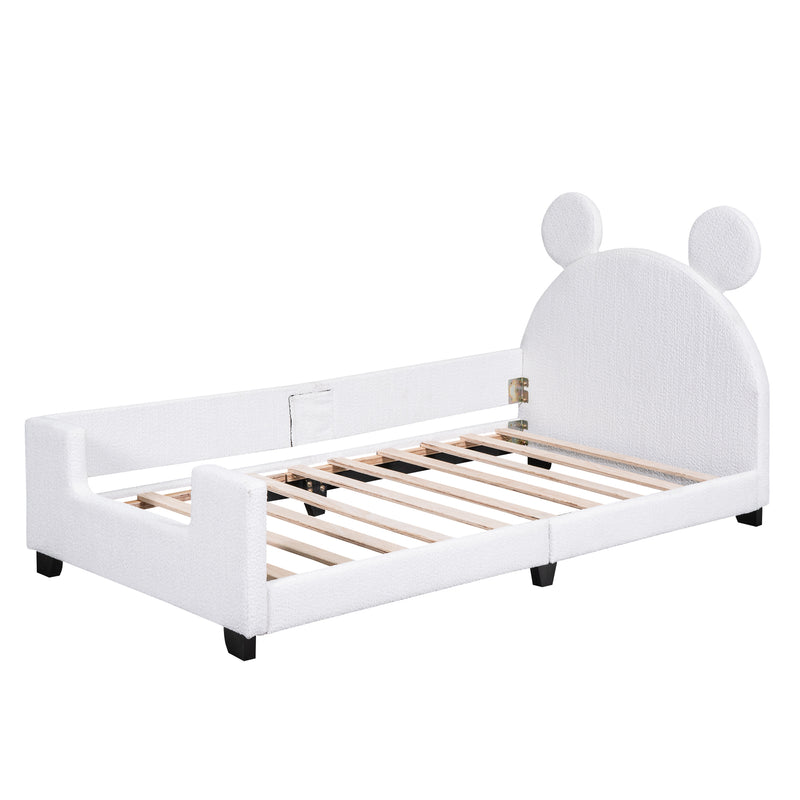 Teddy Fleece Twin Size Upholstered Daybed with Carton Ears Shaped Headboard, White