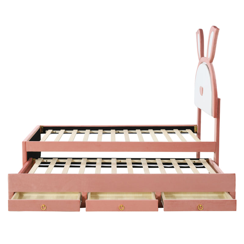 Twin Size Upholstered Platform Bed with Trundle and 3 Drawers, Rabbit-Shaped Headboard with Embedded LED Lights, Pink