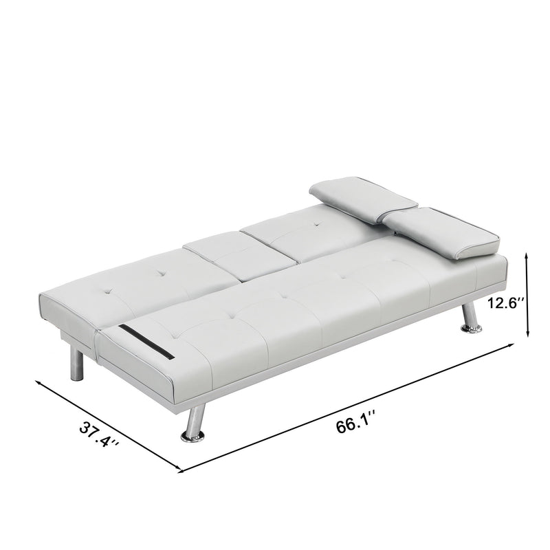 Sofa Bed With Armrest Two Holders Wood Frame, Stainless Leg, Futon - White