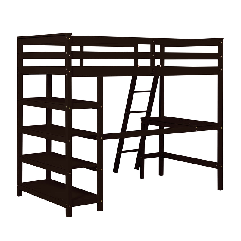 Twin Loft Bed with desk,ladder,shelves , Espresso