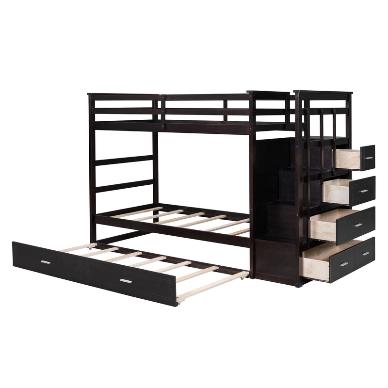 Twin Over Twin Bunk Bed with Trundle and Staircase,Espresso(OLD SKU:LT000068AAP)