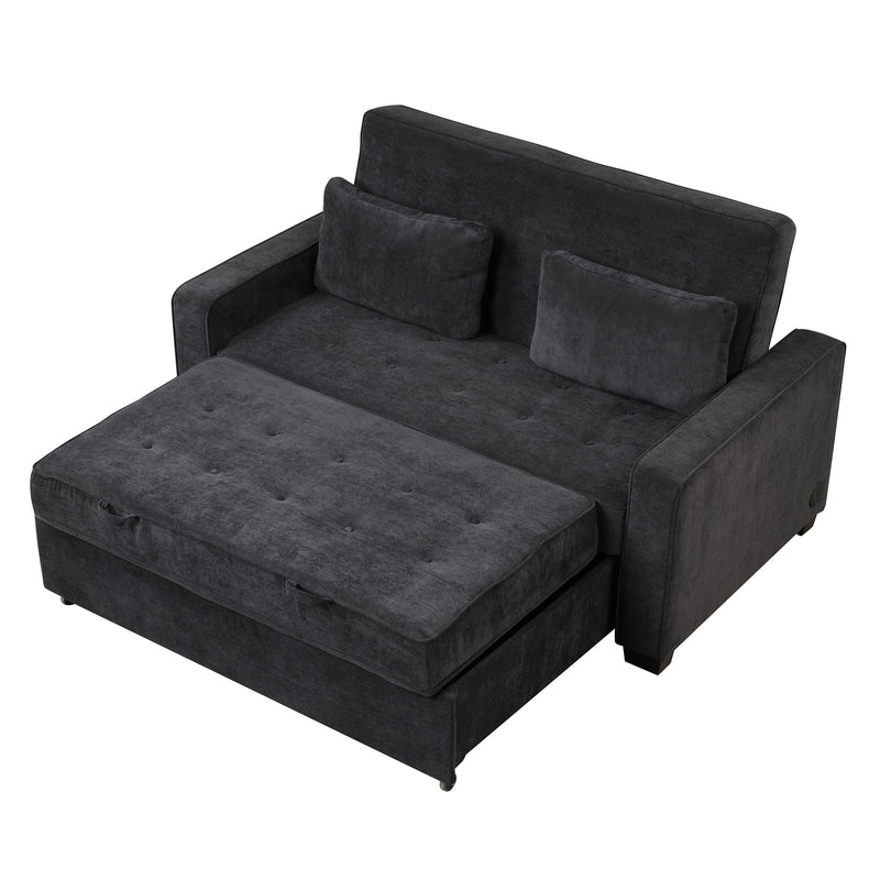 Upholstered Sleeper Bed, Pull Out Sofa Bed Couch Attached Two Throw Pillows, Dual USB Charging Port And Adjustable Backrest For Living Room Space