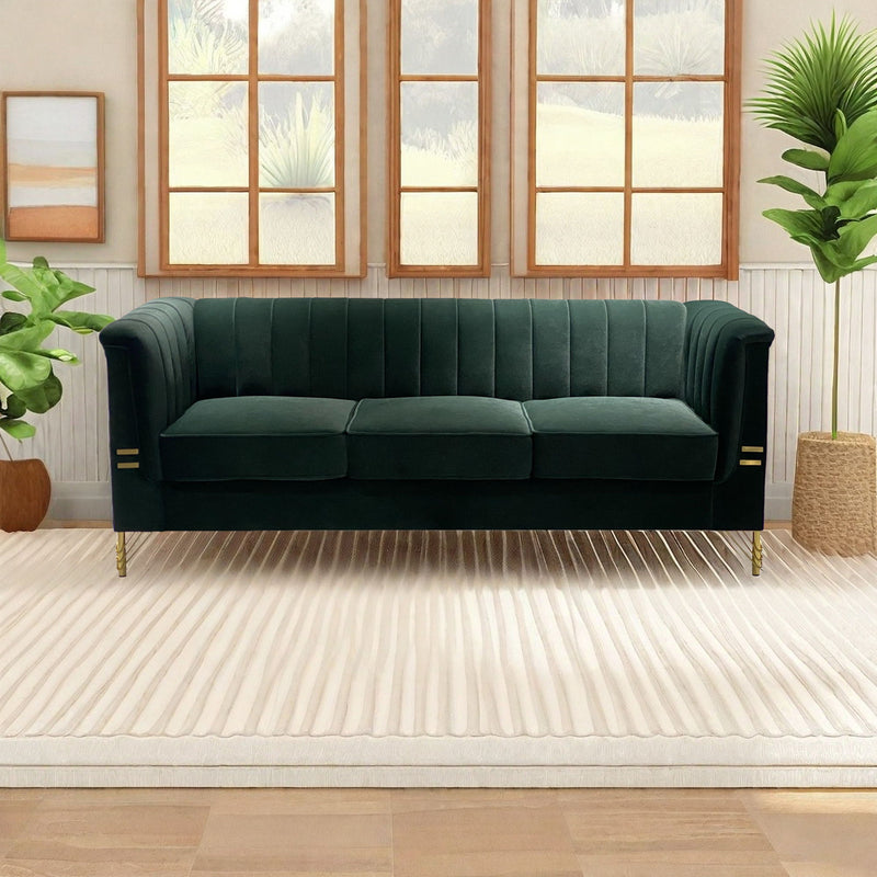 Fx-P82-Gr (Sofa) Velvet Sofa, Mid-Century Sofa Furniture Chesterfield Couch For Living Room - Green