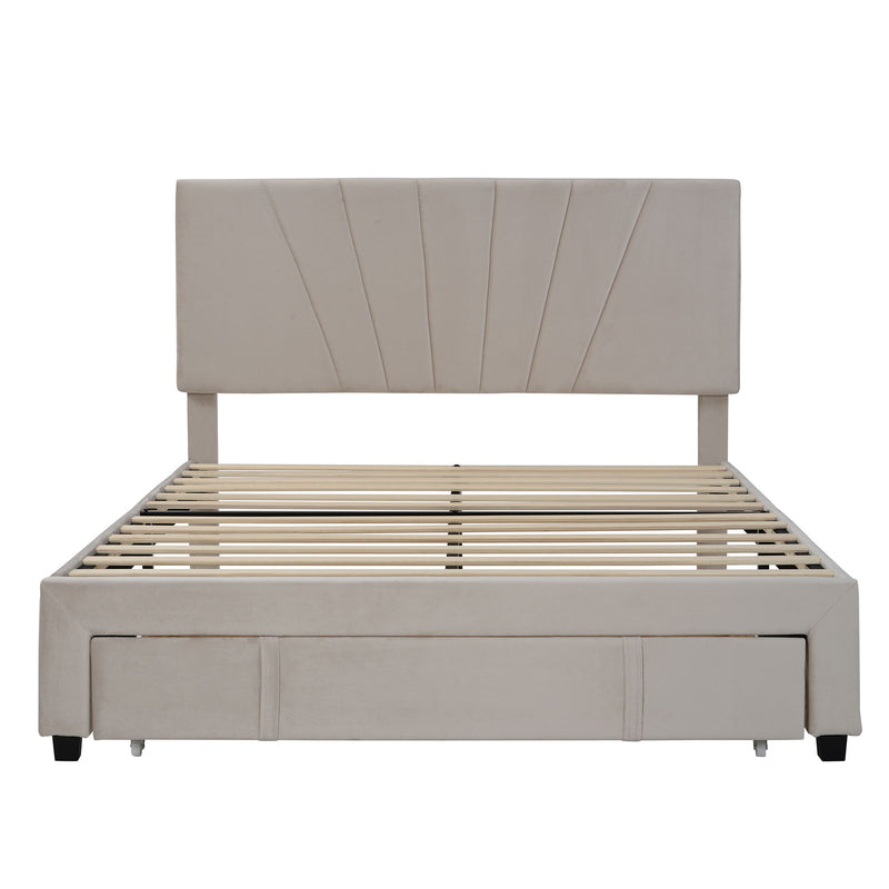 Queen Size Storage Bed Velvet Upholstered Platform Bed With A Big Drawer - Beige