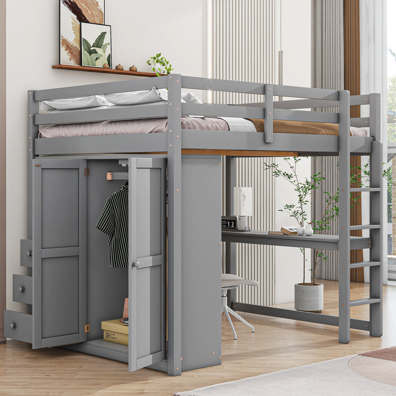 Wood Full Size Loft Bed with Built-in Wardrobe, Desk, Storage Shelves and Drawers, Gray