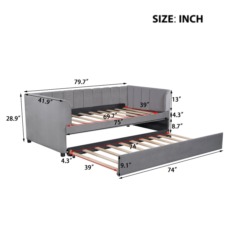 Twin Size Upholstered Daybed with Ergonomic Design Backrest and Trundle, Gray