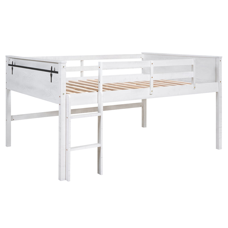 Wood Full Size Loft Bed with Hanging Clothes Racks, White