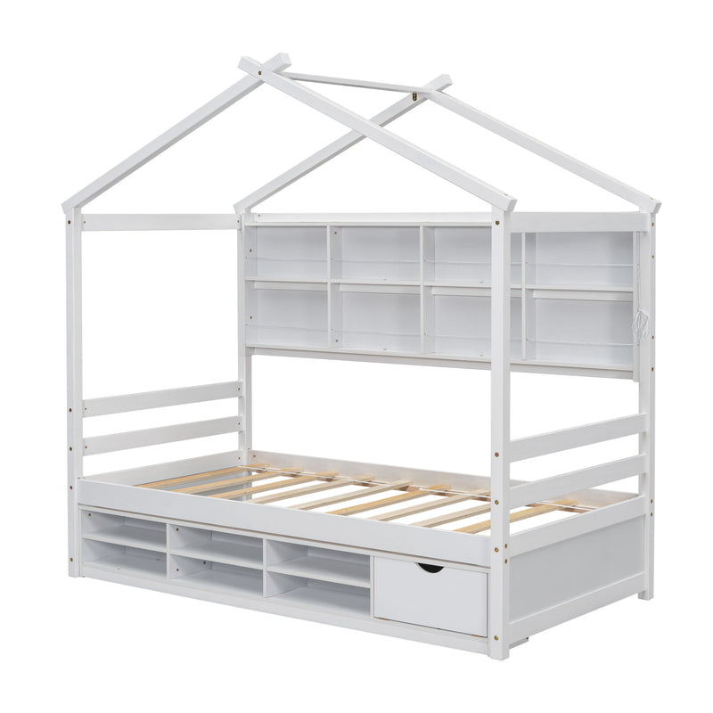 Twin House Bed With Roof Frame, Bedside-Shelves, Under Bed Storage Unit - White