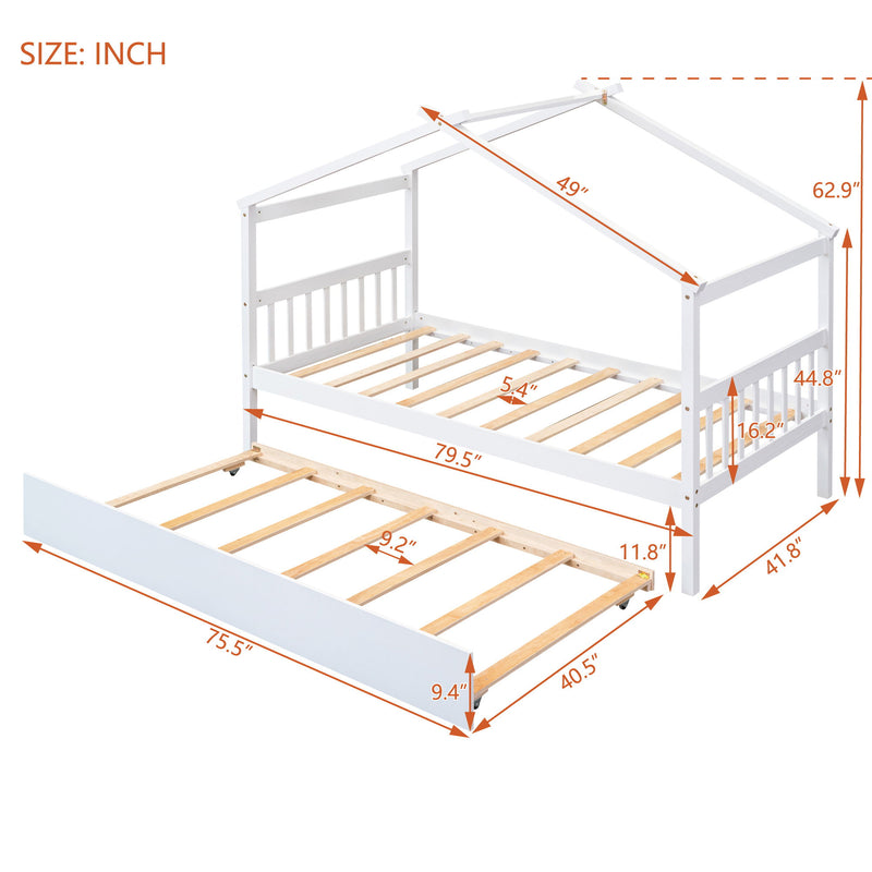 Twin Size Wooden House Bed With Twin Size Trundle - White