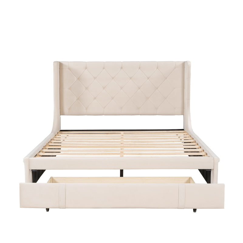 Queen Size Storage Bed Velvet Upholstered Platform Bed With Wingback Headboard And A Big Drawer