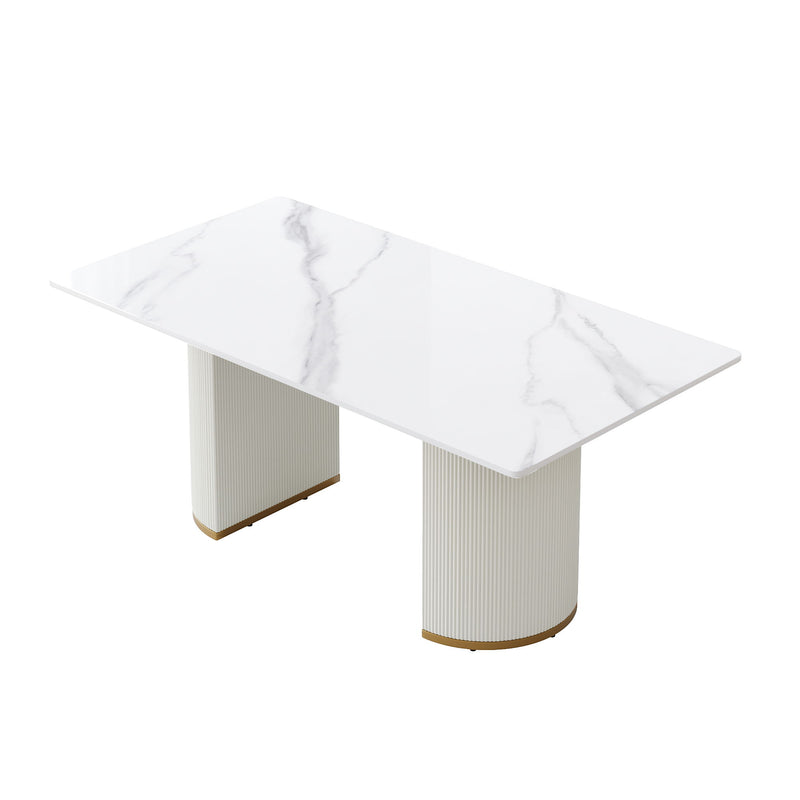 70.84" Modern Artificial Stone Panel PU Plywood Legs, Can Accommodate 6-8 People - White / Beige