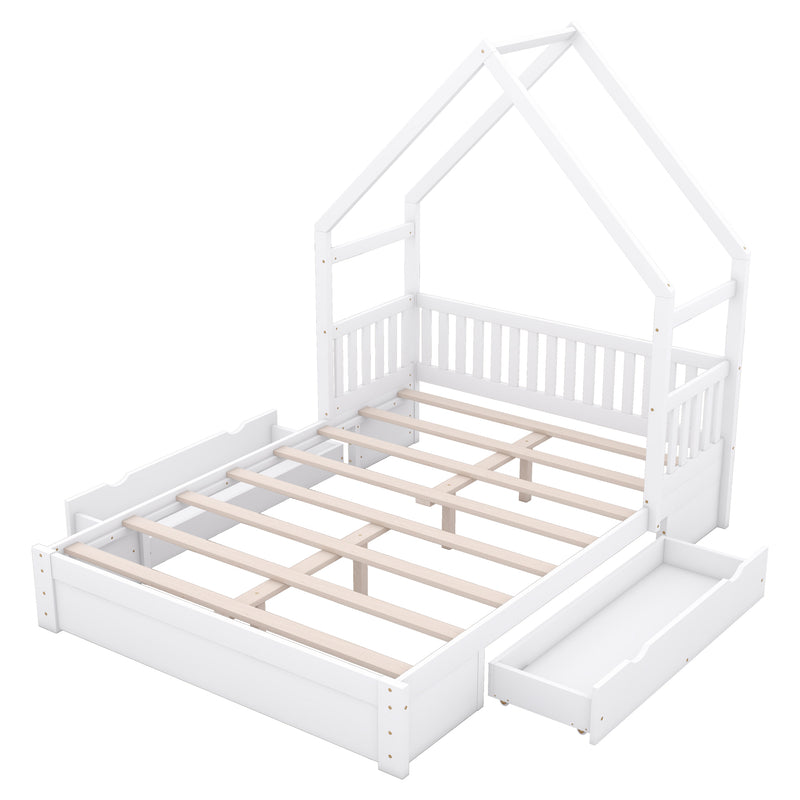 Wood Queen Size House Platform Bed with Guardrail and 2 Drawers, White (Expected Arrival Time:4.26)