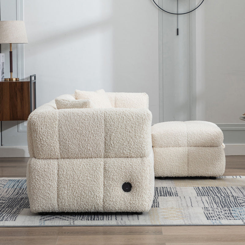 Sectional Sofa Cozy Teddy Fleece Sectional Sofa Couch With Two USB Ports A Movable Storage Ottoman And Two Lumbar Pillows For Living Room