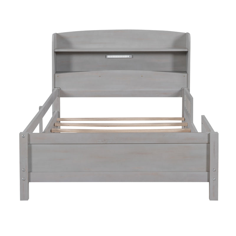 Wood Twin Size Platform Bed with Built-in LED Light, Storage Headboard and Guardrail, Antique Grey