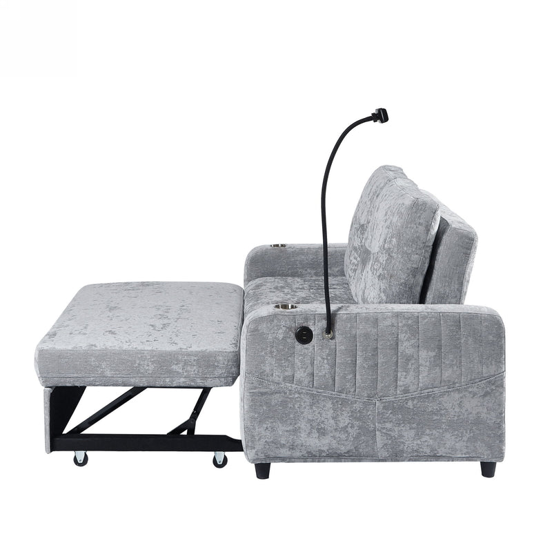 Modern Loveseat Pull Out Sofa Bed With Adjustable Backrest, Two Cup Holders, A Phone Holder, Three Charging Ports And Side Storage Pockets For Living Room