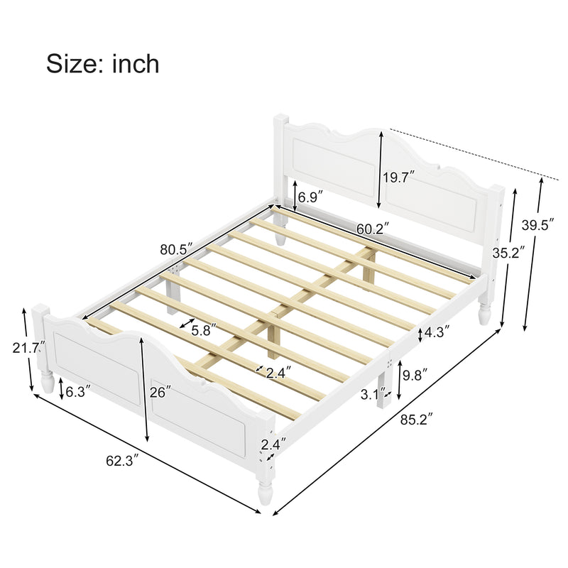 Traditional Concise Style Solid Wood Platform Bed, No Need Box Spring, White Queen