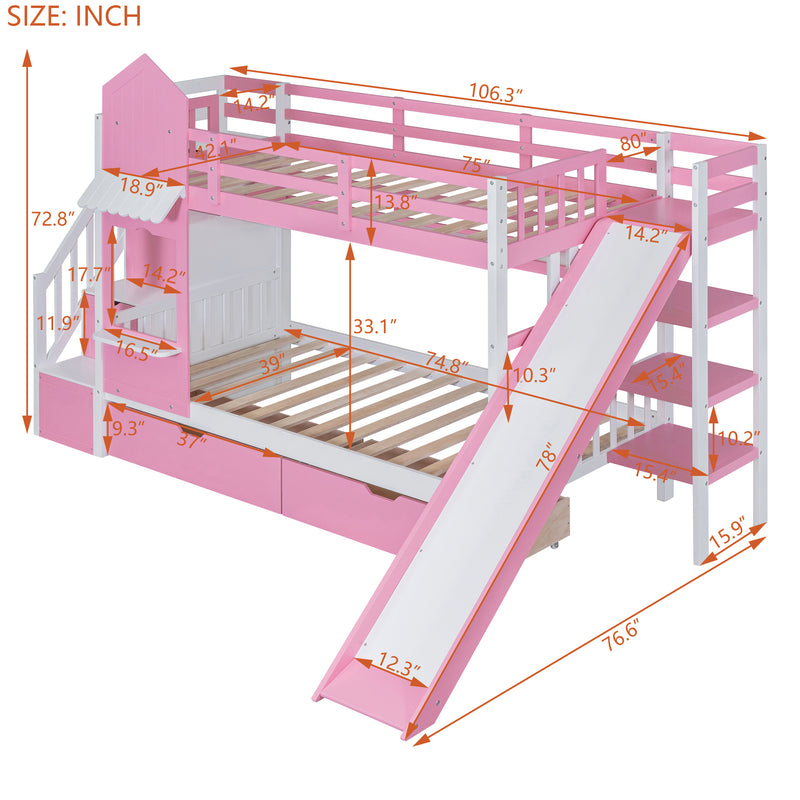 Twin-Over-Twin Castle Style Bunk Bed with 2 Drawers 3 Shelves and Slide - Pink