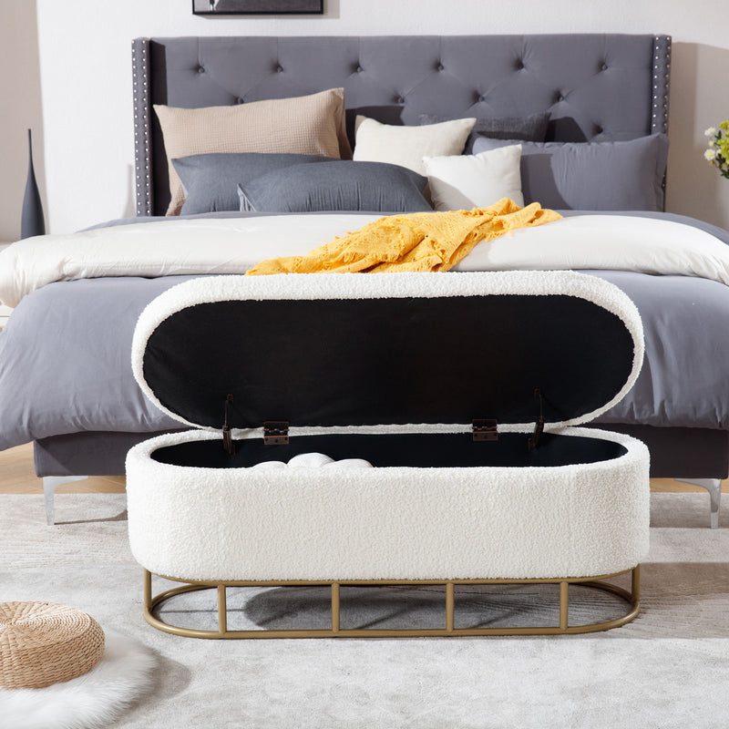 Oval Storage Bench For Living Room Bedroom End Of Bed, Sherpa Fabric Plush Upholstered Storage Ottoman Entryway Bench With Metal Legs