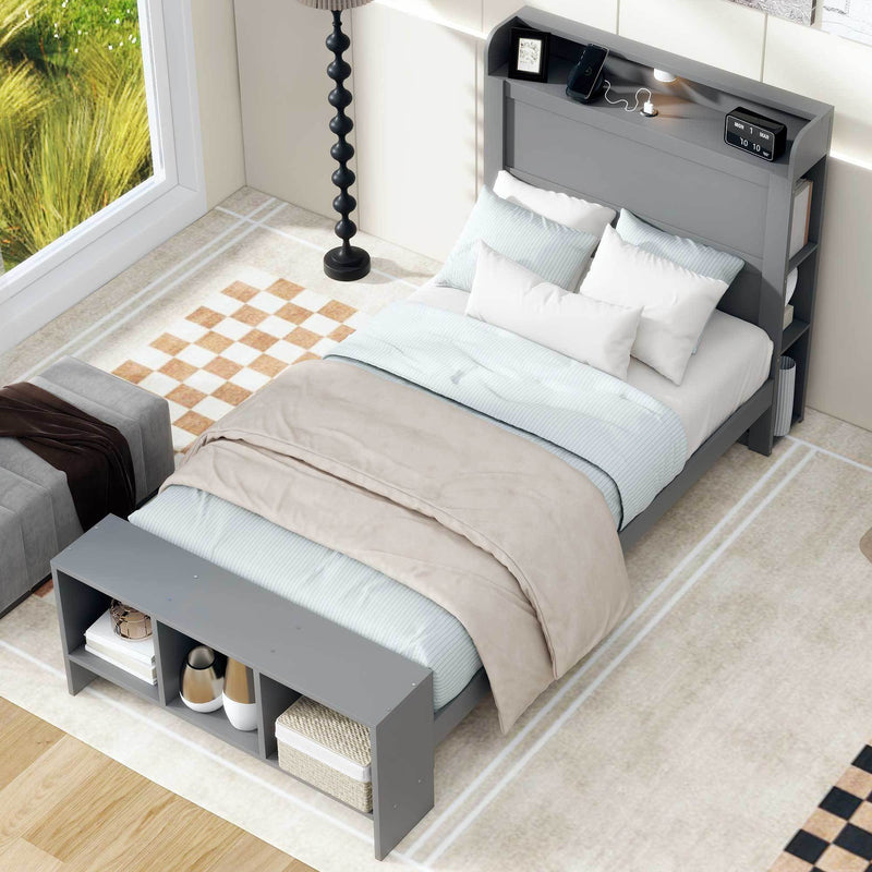 Twin Size Platform Bed with built-in shelves, LED Light and USB ports, Gray