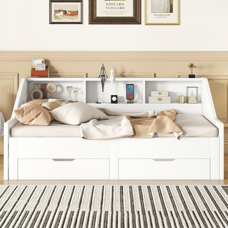 Twin to King Size Daybed Frame with Storage Bookcases and Two Drawers,Charging Design,White