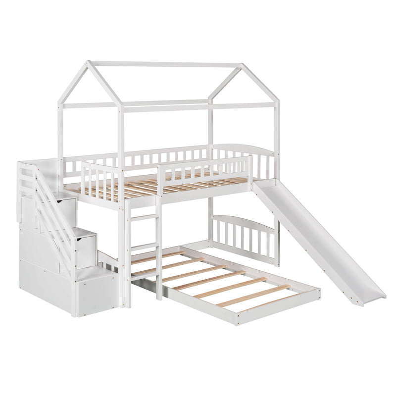 Twin Over Twin Bunk Bed with Two Drawers and Slide, House Bed with Slide, White(OLD SKU :LP000129AAK)