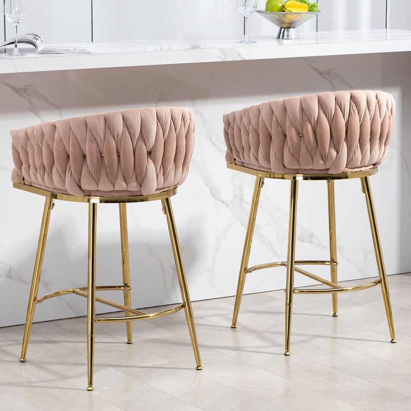 Counter Height Bar Stools (Set of 2) Kitchen Island Counter Bar Stool With Hand-Wave Back, Golden Chromed Base And Footrest - Pink