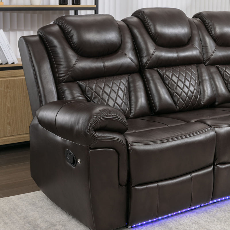 Home Theater Seating Manual Recliner Chair With Center Console And Led Light Strip For Living Room