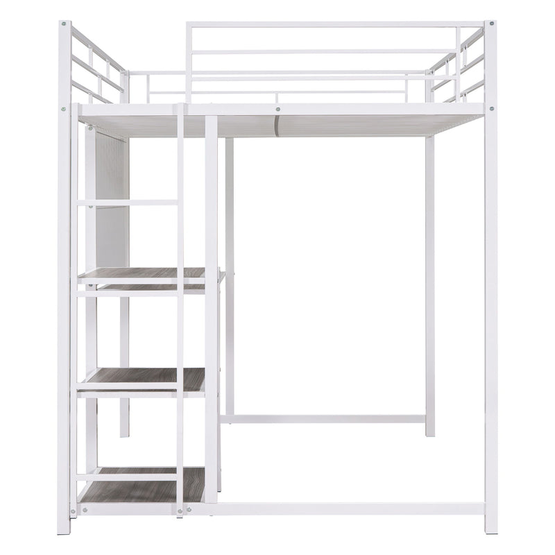 Full Size Loft Bed With Desk And Whiteboard, Metal Loft Bed With 3 Shelves And Ladder - White