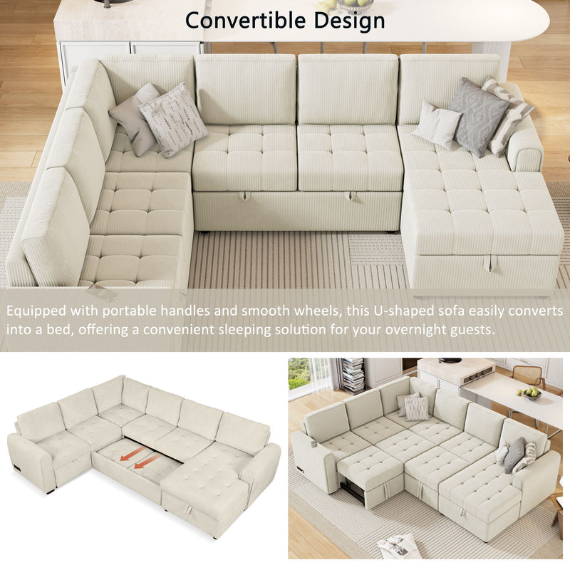 U-Shaped Sofa Sectional Sofa Pull-Out Sofa Bed With A Storage Chaise Lounge, Charging Devices For Living Room - Beige